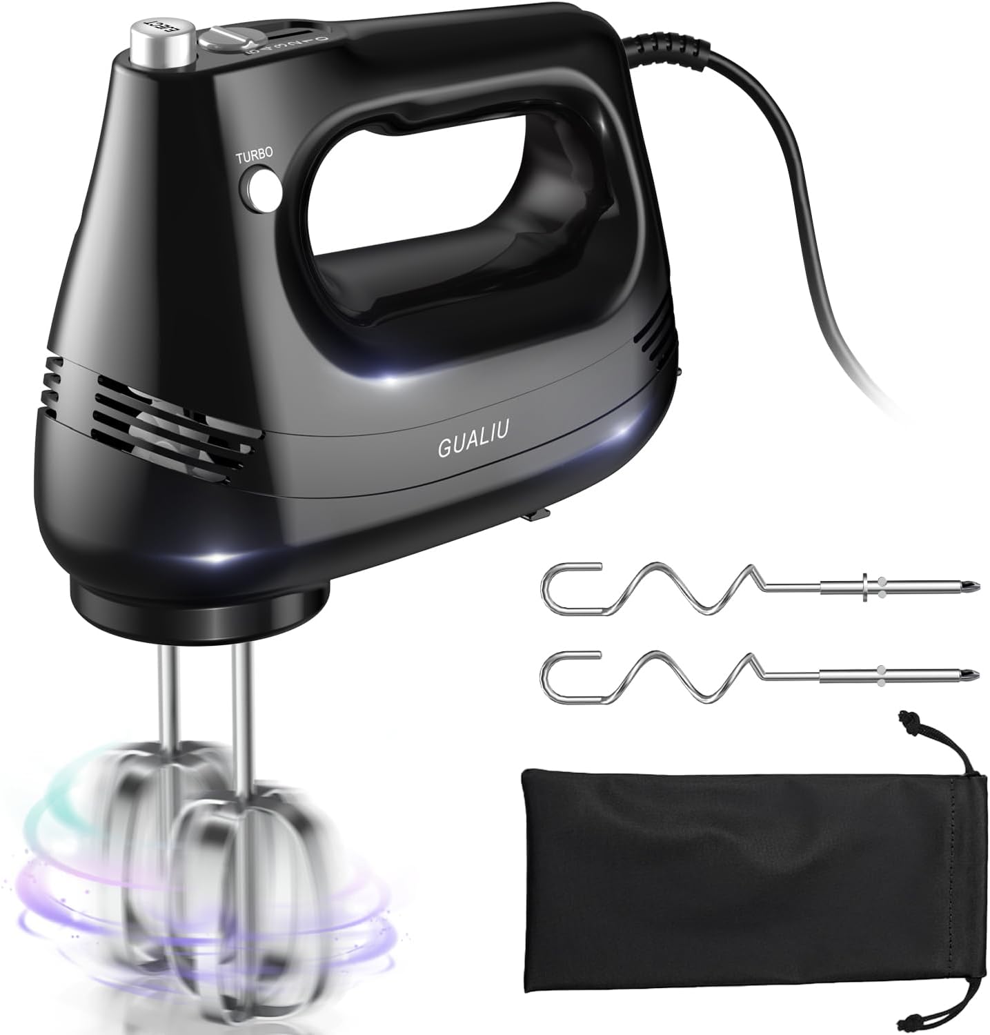 GUALIU Electric Hand Mixer with 304 Stainless Steel Whisk, Dough Hook, Handheld Mixer for Baking Cakes, Eggs, Cream Food Mixers. Turbo Boost/5 Speed Kitchen Blender kitchen Mixer