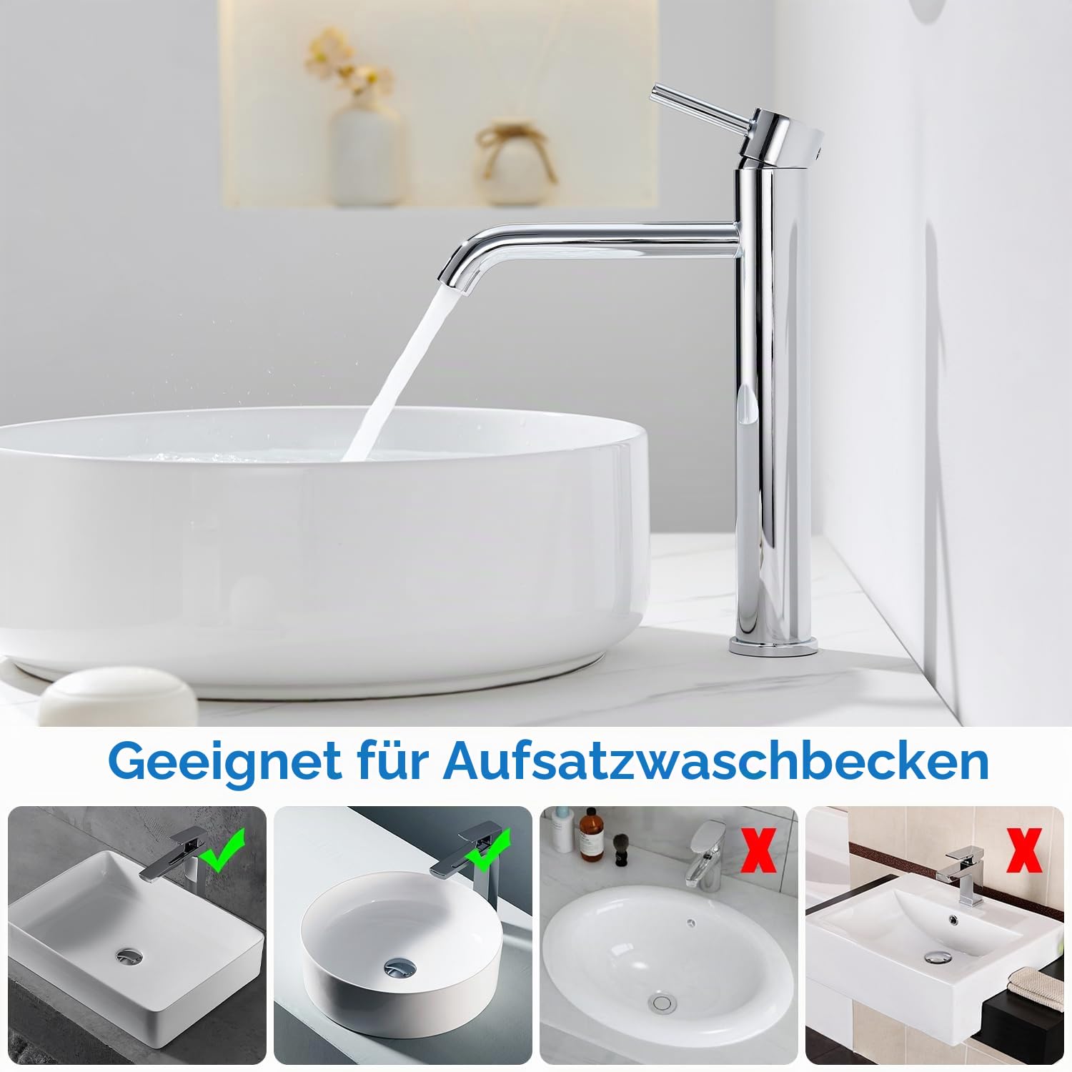 Wasserhahn Bad Hoch, Waschtischarmatur für Aufsatzwaschbecken