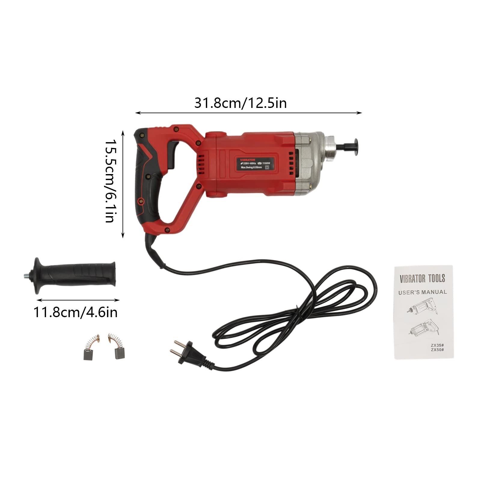 Vibratore elettrico per calcestruzzo, 1100 W, 220 V, per calcestruzzo, portatile, con asta ondulata da 6,6 FT/2 m, per diverse strutture in calcestruzzo, rosso