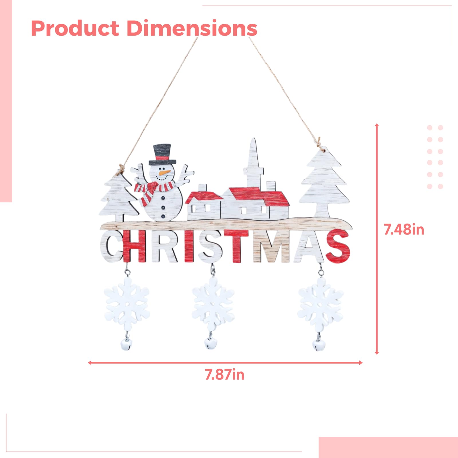 Christmas Door Hanging Decorations, Wooden 3 Pcs Set, 7.9 X 8.7 Inch Signs with Snowflake Bells, Santa, Snowman, Reindeer for Indoor Outdoor Kitchen Home Party