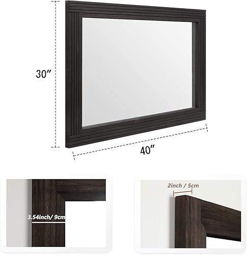 Miniatura 9 de YOSHOOT Espejo de baño de madera para pared, 32 x 24 pulgadas, espejo de madera rústico de granja, colgante vertical u horizontal, madera de caucho,