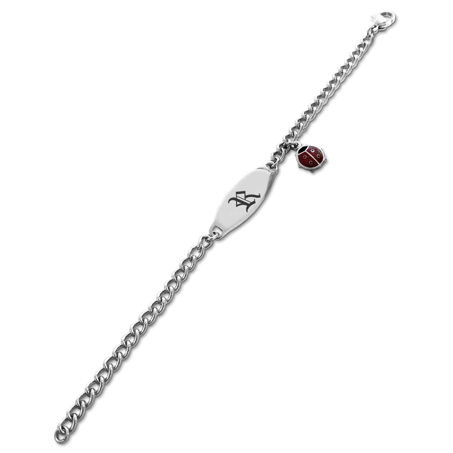 Tioneer Stainless Steel Letter R Initial Old English Monogram ID Plate Ladybug Charm Bracelet