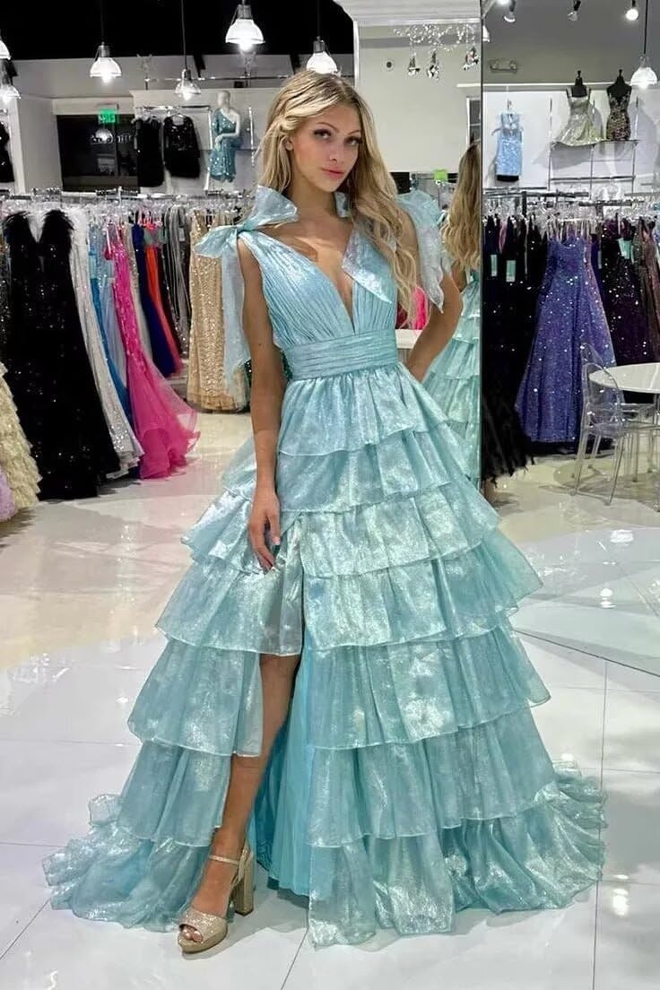 Glitter Tulle Tiered Prom Dresses Long for Women 2026 Ruffles V Neck Formal Ball Gowns with Slit
