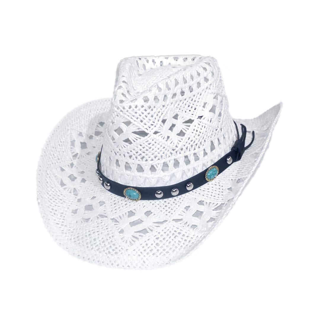 Sombrero de Cowboy/Cowgirl de Paja Vaquero Panamá con Banda Occidental/Oeste Unisex Talla Única Hombre Mujer para Verano Coachella Playa al Estilo Country Brasileño Bohemia Indiana Rafia Natural
