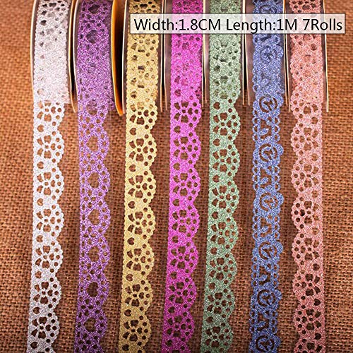 BLUGUL Washi Tape, Masking Tape Set, Multi-Patroon Decoratief, voor DIY Craft Scrapbooking Gift Design 7pcs Glittering Lace