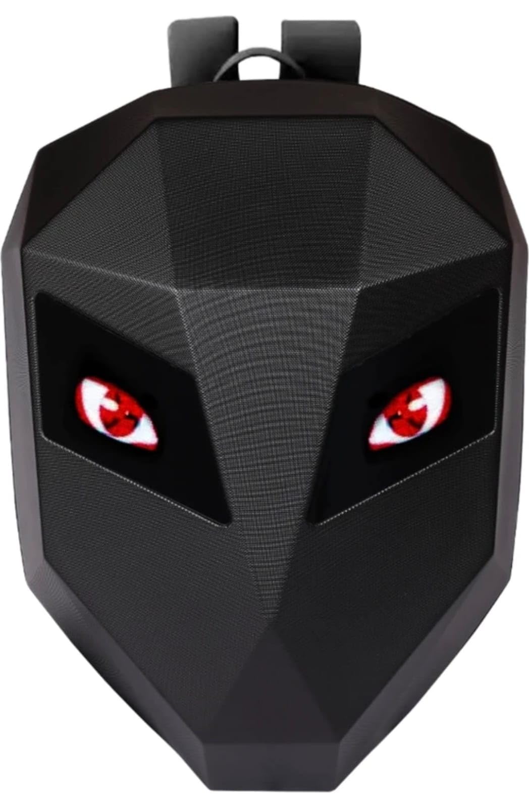 Geometric LED Backpack with Red Eyes, Black Polygon Design, USB Charging Bike Bag, Futuristic Style Night Cycling Rucksack