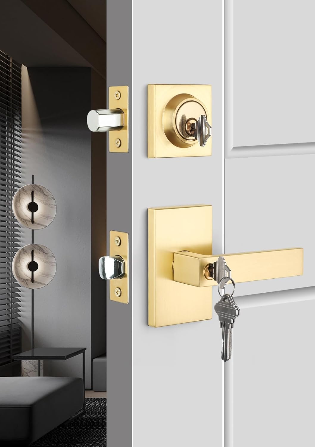 Gold Exterior Door Lock Set, Front Door Lock Set with Deadbolt, Square Contemporary Brushed Gold Front Door Lock Sets, Heavy Duty Zinc-alloyed Exterior Door Handle (1 Pack)