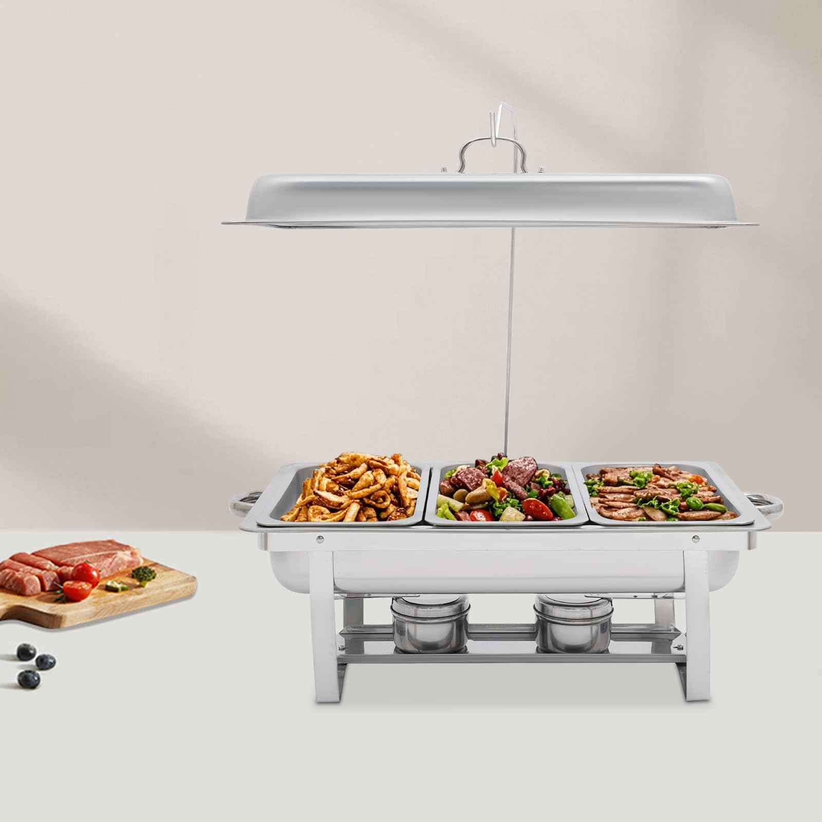 Edelhl - Set di scaldavivande da buffet, 3 pezzi, con coperchi quadrati, in acciaio inox, per catering, con vaschetta per l'acqua, per eventi e feste