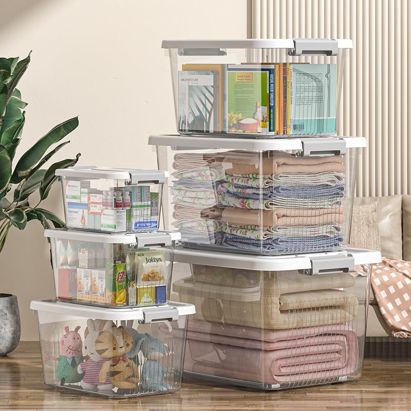 Image of HoopVool Plastic Storage Bin with Locking Lid - Sturdy and Versatile Home Organizer, Available in Multiple Size. (TRANSPARENT, Combo Set, PACK OF - 1)