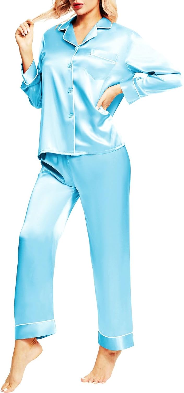 SIHA Satin Silk Pajamas for Women Pajama Set With Long Sleeve Button-Down Satin Pajamas Sleepwear XS-3XL - Image 5