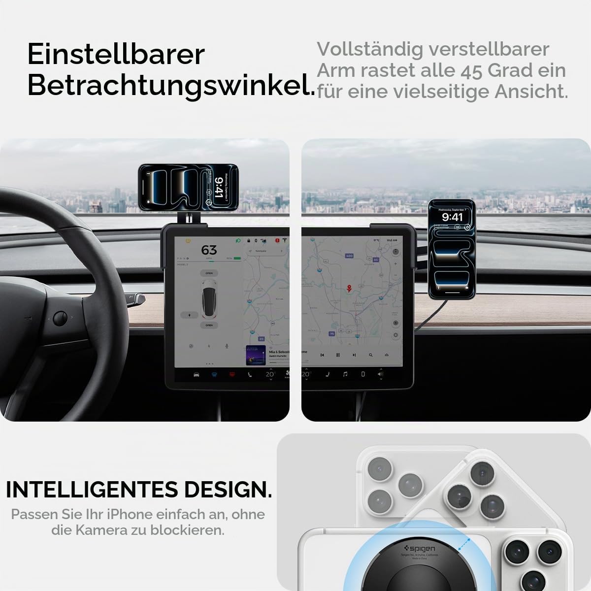 Spigen Tesla Model Y(~Juniper 2026)/3(~ Highland 2026)/S/X Qi2 MagSafe Handyhalterung mit Ladefunktion【Montage ohne Klebstoff】 KFZ Auto Handyhalterung Kompatibel mit iPhone 17/16/15/14/13 Pro Max Air