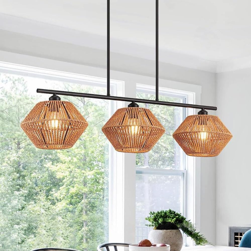 Rattanowa Lampa Wisząca Vintage Boho Lampa Sufitowa 3 Płomienie E27 Lampa Stołowa Do Jadalni Pleciony Abażur Rustykalna Żyrandol Do Jadalni Kuchnia Sypialnia Salon Przedpokój
