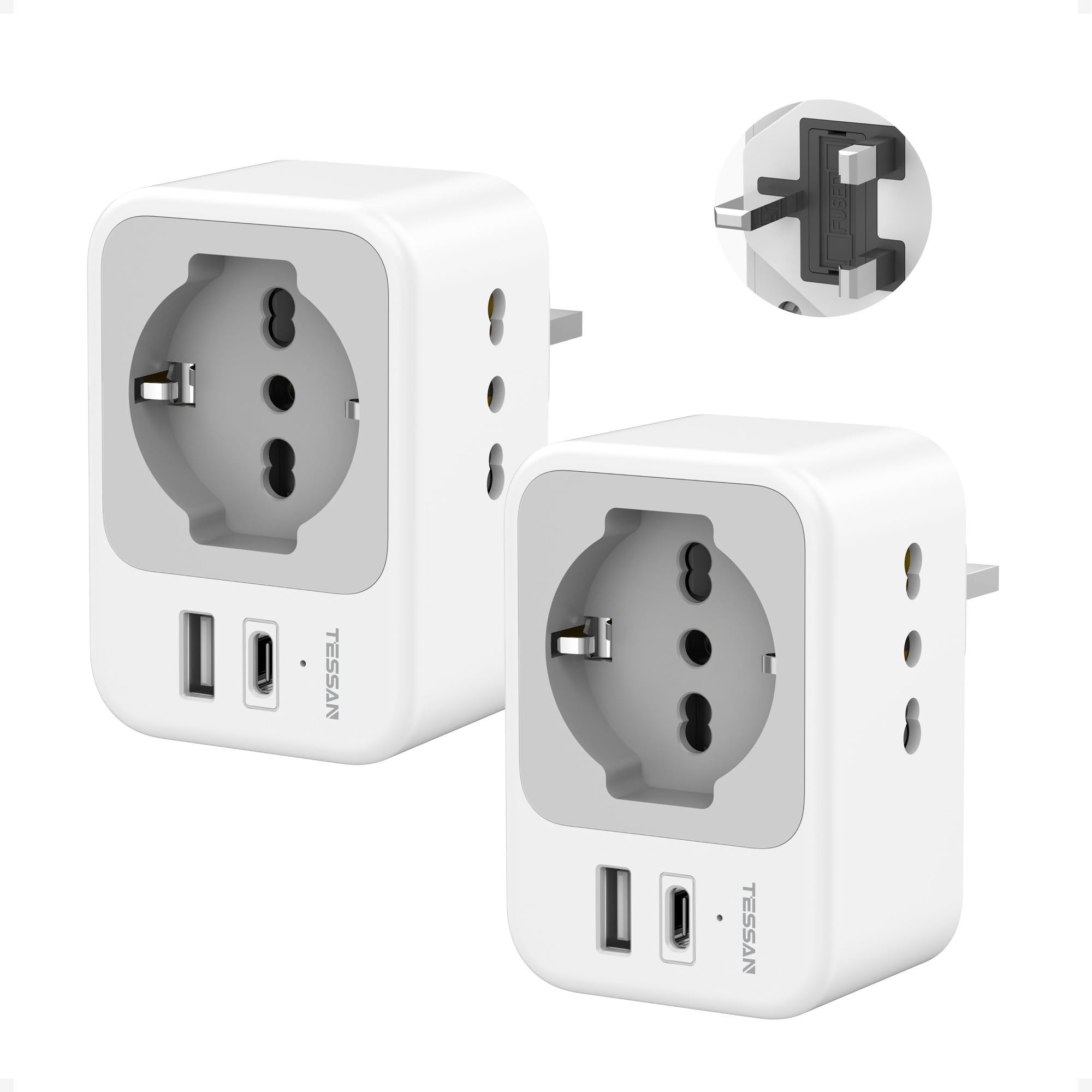 Adattatore Presa Inglese a Spina Italiana Pack da 2, TESSAN Adattatore UK con USB C e USB A, 5 in 1 Adattatori Prese Inglesi 3250 W, Spina Inglese per Regno Unito, Irlanda, Scozia, Singapore, Tipo G