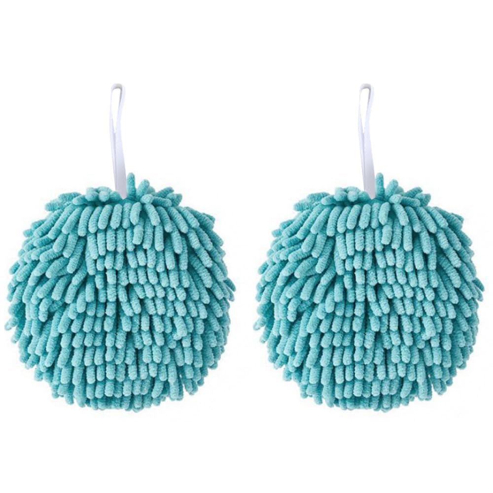 DONGKER 2 Packs Hanging Bathroom Hand Towels,Chenille Fluffy Microfiber Ball Towel with Hanging Loop,Quick Dry for Washstand Bathroom