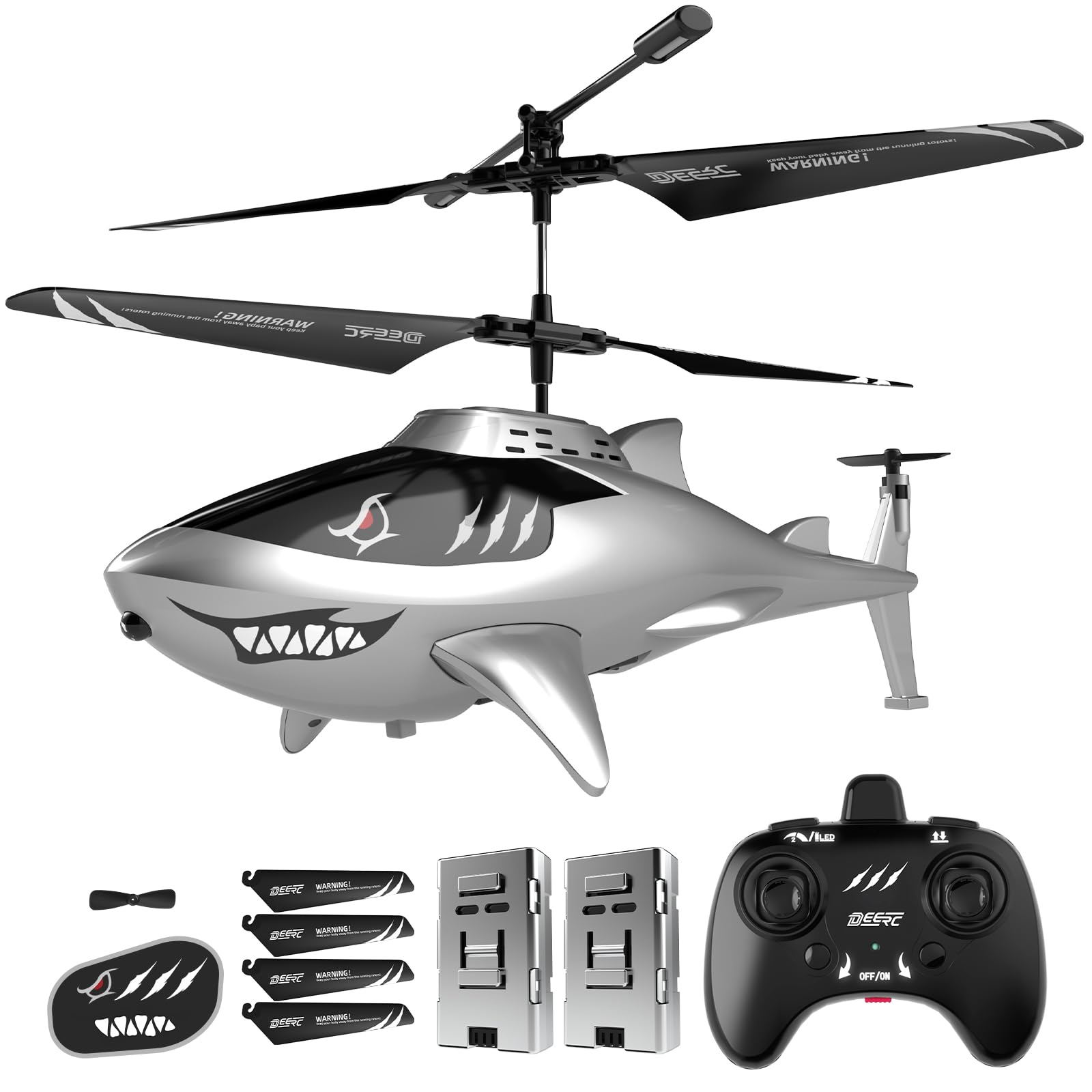 DEERC Remote Control Helicopter for Kids and Adults, RC Shark Helicopter with Altitude Hold, One Key Takeoff/Landing, LED Lights, 2 Batteries, 24 Min Flight Time, Indoor Flying Toy Gift