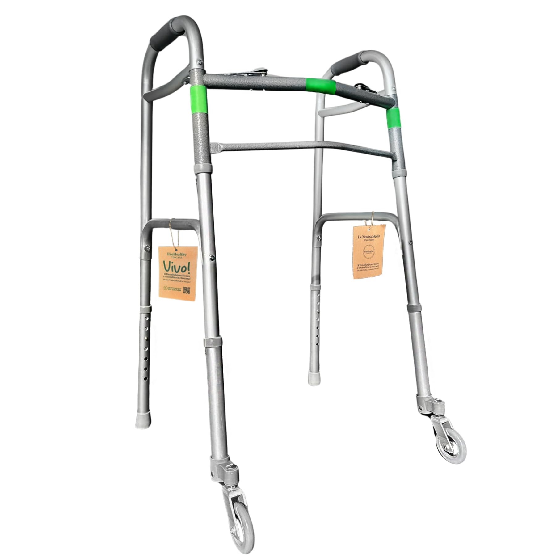 EkoHealthy® Deambulatore Vivo Sicuro Controllato In Toscana, Leggero E Resistente Fino A 136kg, Pieghevole, Regolabile In Altezza, 2 Ruote Piroettanti. Adatto A Disabili E Anziani. Grigio Scuro