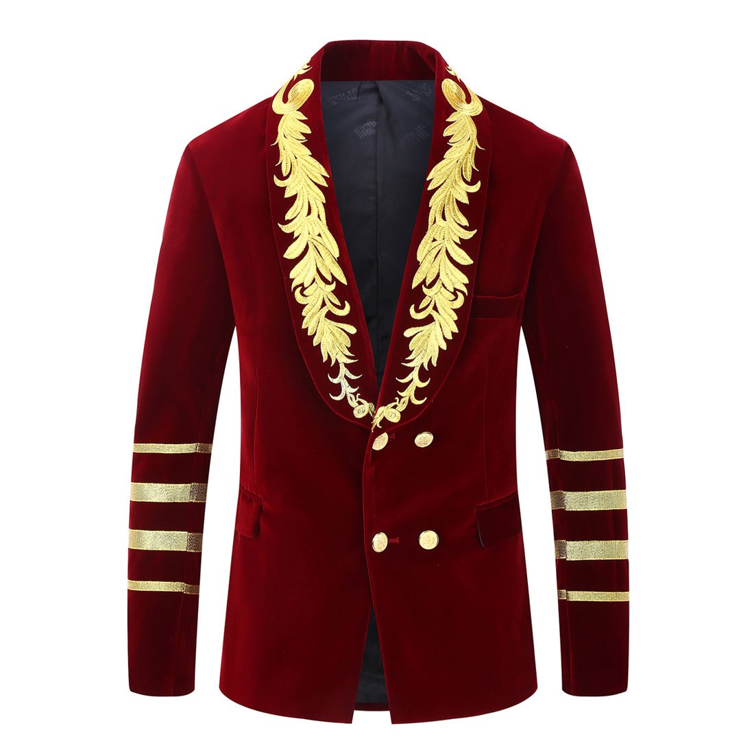 Mens Military Style Embroidery Velvet Blazer Suit Jacket (Wine red, Tag L)