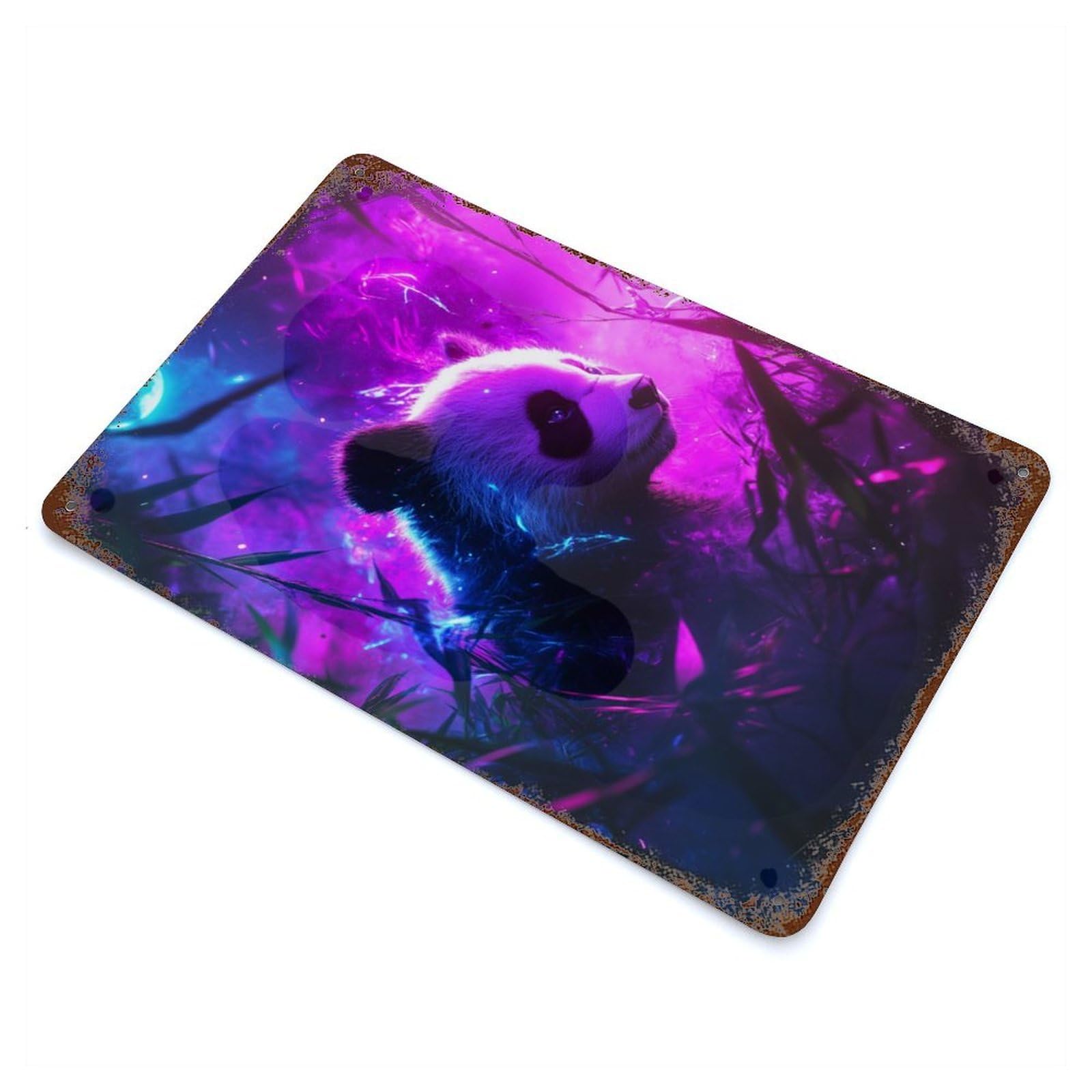 Rust Effect Neon Panda in Forest Weathered Tin Sign 11.8"x7.9", Classic Wall Plaque for Living Room, Hallway And Home Decor