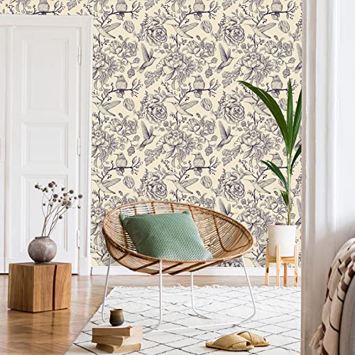 VEELIKE Peony and Bird Wallpaper 44.5cm×900cm Vintage Beige Floral Wallpaper Leaves Tropical Wall Mural Flower Contact Paper Peel and Stick Vinyl Cabinet Cover Worktop Bedroom Bathroom Removable - Image 2