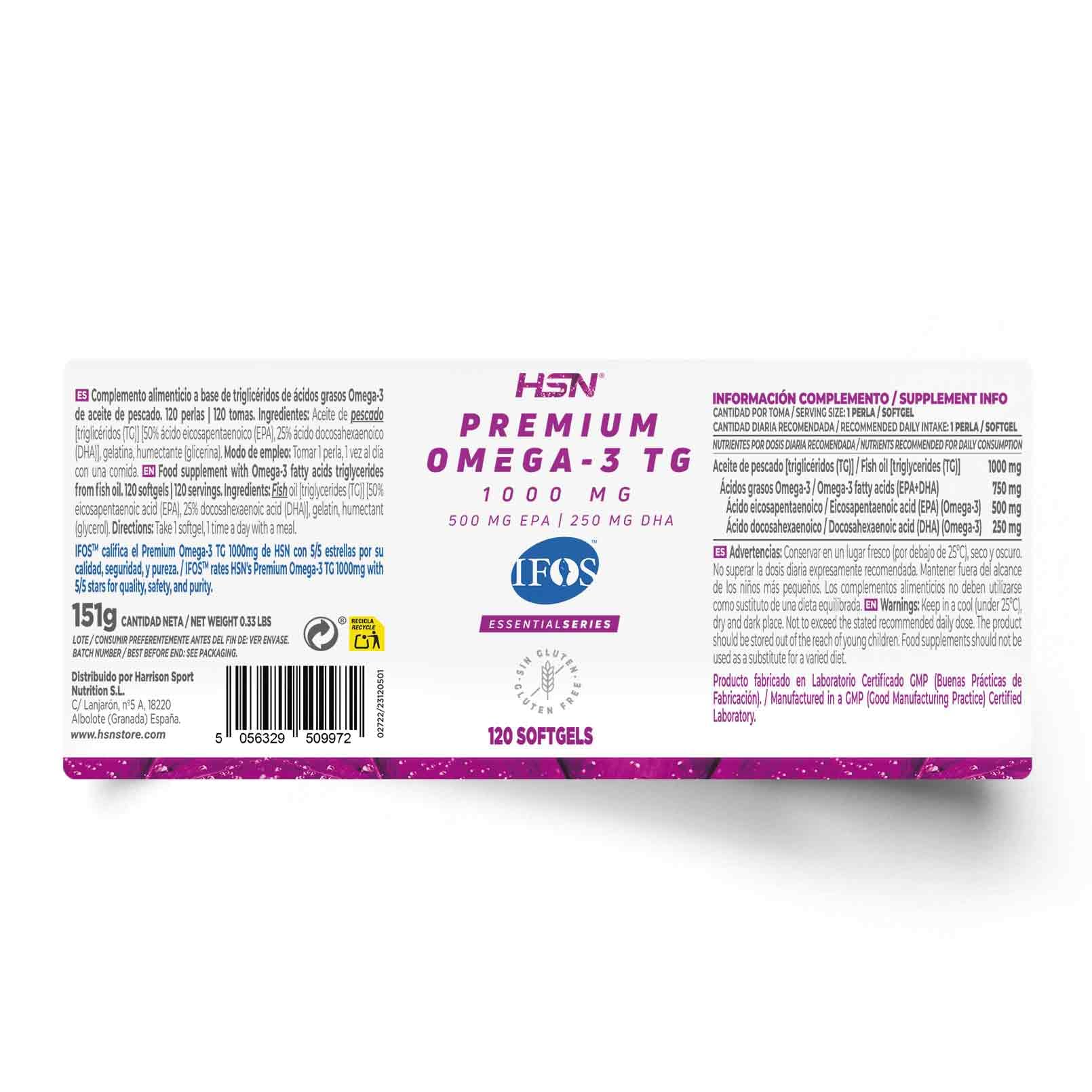 HSN Premium Omega 3 IFOS 5 Estrellas 120 Perlas | 1000mg Aceite de Pescado en Triglicéridos | 750mg Omega-3 (500mg EPA + 250mg DHA) Alta Concentración | No-GMO Sin Gluten