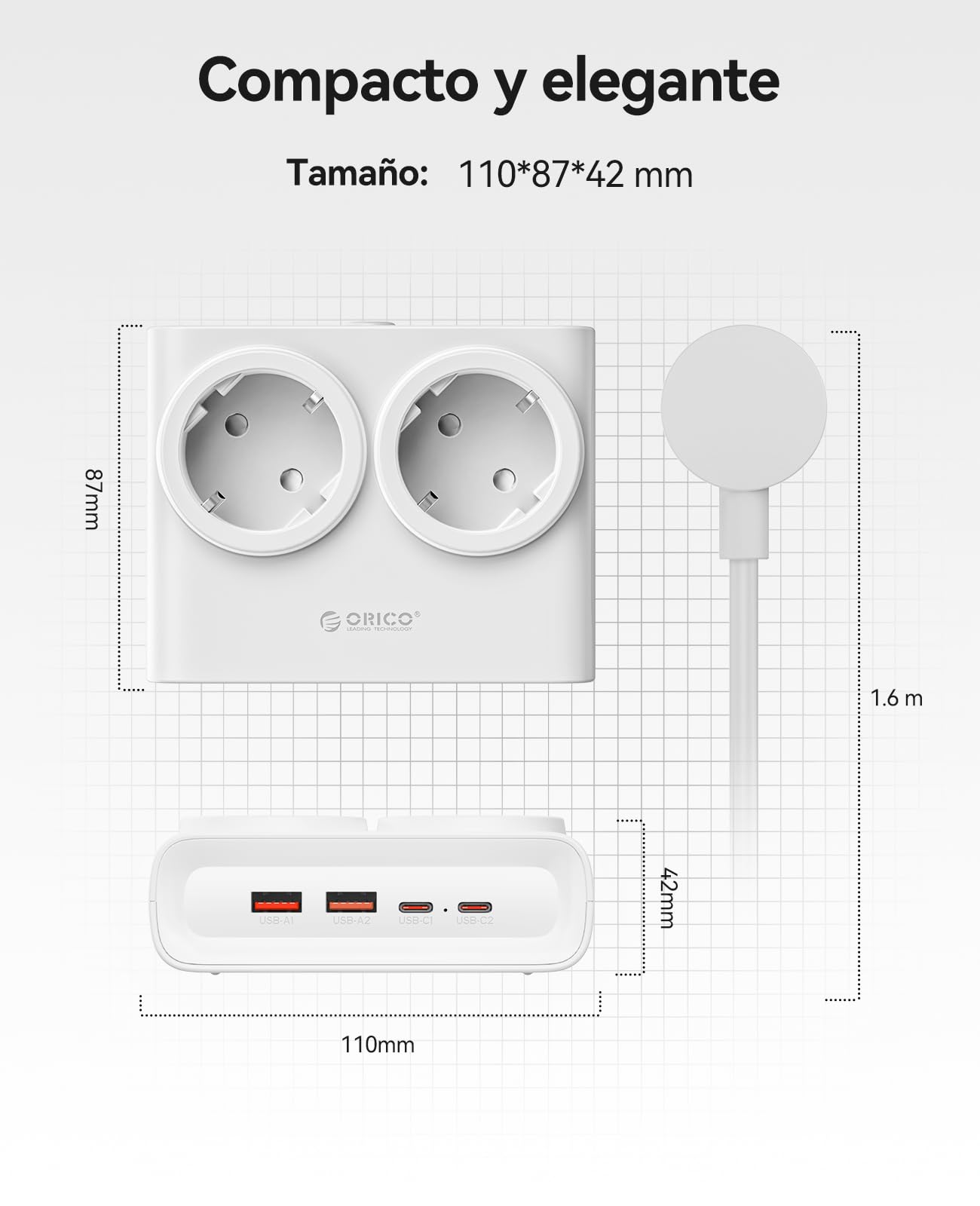 ORICO PowerBrick 6-in-1 Power Strip Sockets White – 2 AC Outlets + 4 USB (2 USB-C PD), Quick Charge 25W GAN, Cable 1.6 m, 2500 W MAX for Home, Office, Table (PDC) — view 7
