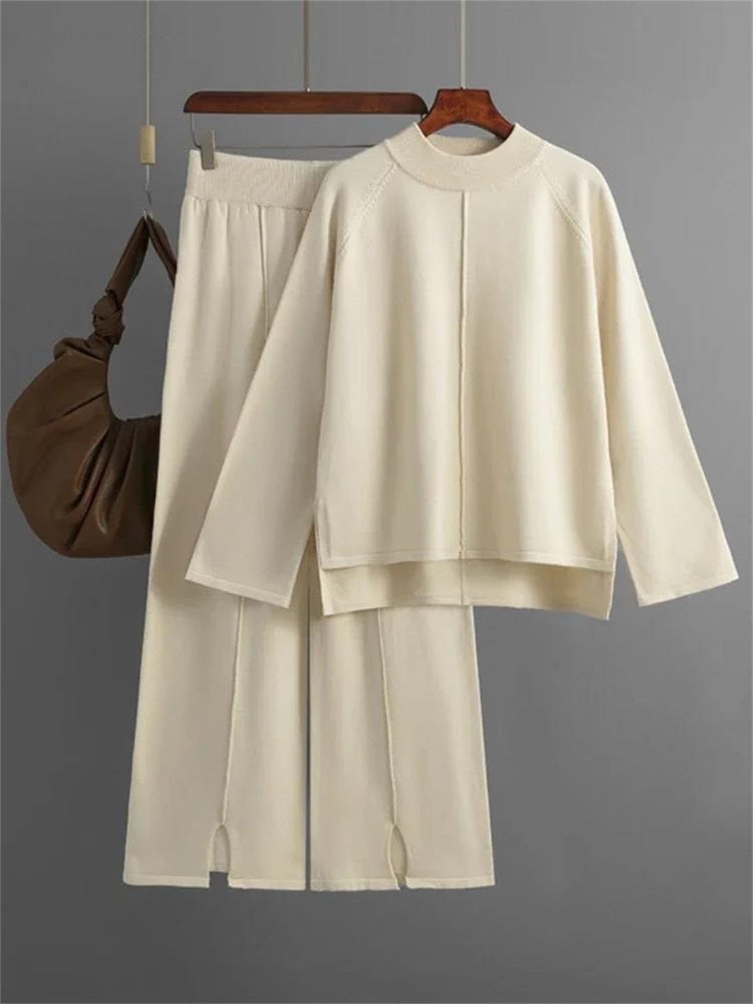 Ensemble de 2 pièces pour femme - Survêtement tricoté - Col rond - Pantalon à jambes larges - Ensemble deux pièces