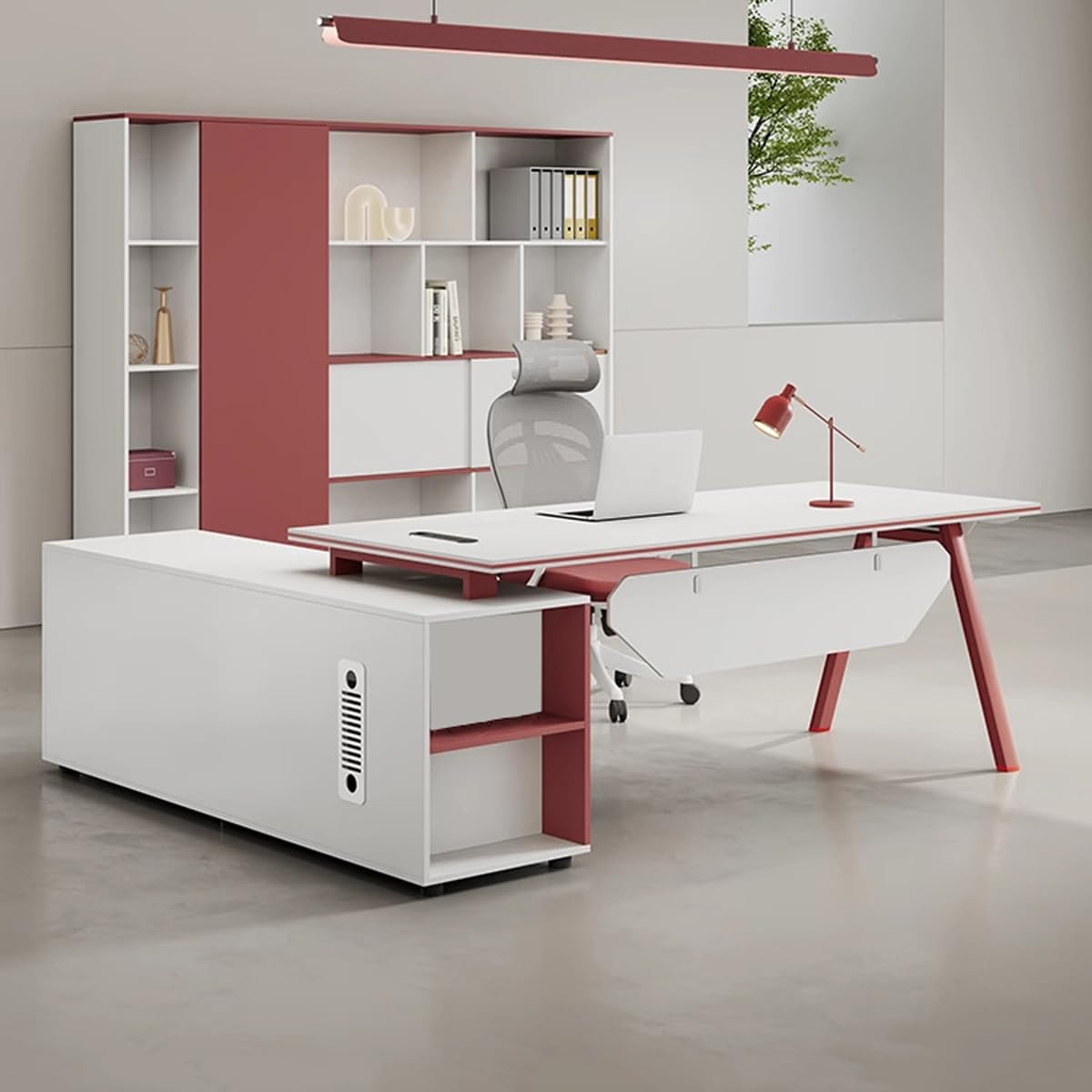 DUWEIKE L-Shaped Office Desk, Modern 2 Tone Manager Desk with Side Cabinet, Home Executive Office Table Computer Workstation for Work Study,Red,1.8m