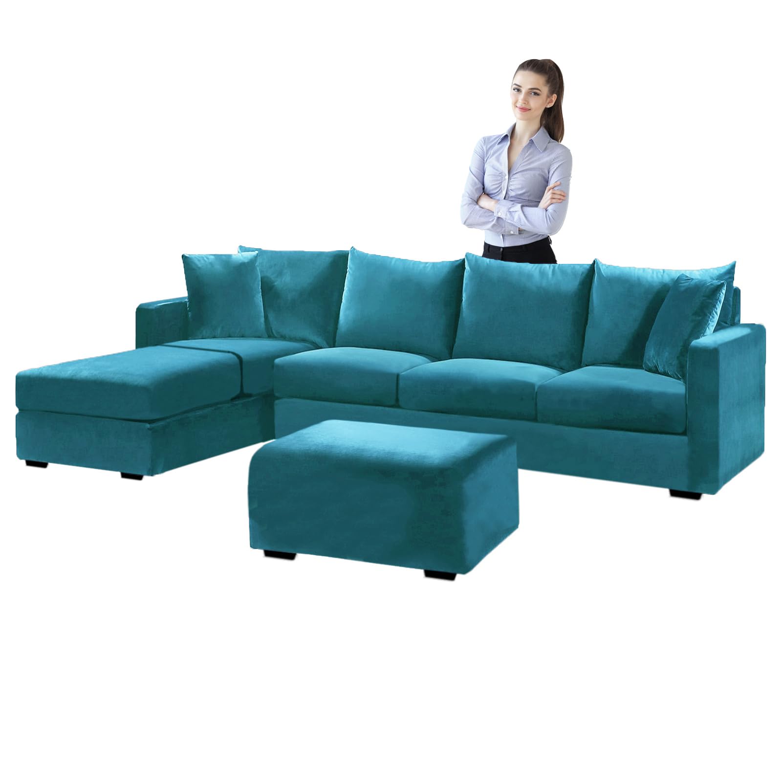 SYLC Velvet Sofa Covers L Shape, Stretch Corner Sofa Cover with Cushion Covers, Couch Cover Friheten Cover for U Sectional Sofa (Teal,Stool Rectangula) โ image 1