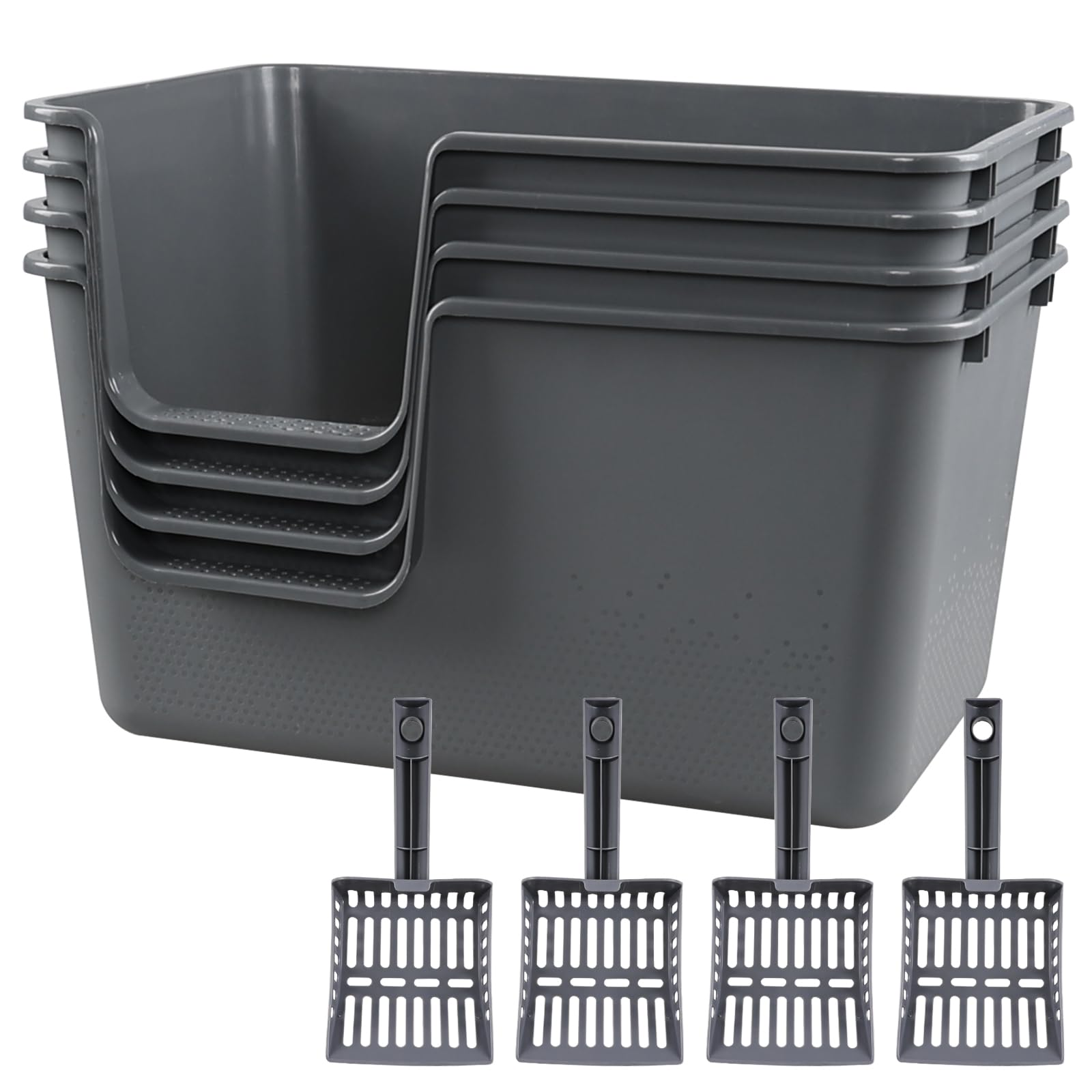Parlynies Set of 4 Extra Large Cat Litter Box, Low Entry Senior Litter Pen for Geriatric Kitty Big Cats, Open Top Cat Litter Tray with Scoop, Grey