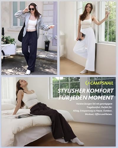 CAMPSNAIL Jogginghose Damen Baggy Sporthose Lang Traininghose High Waist Stoffhose Freizeithose Weites Bein Elastischem Bund Yogahose mit Taschen Weiß S