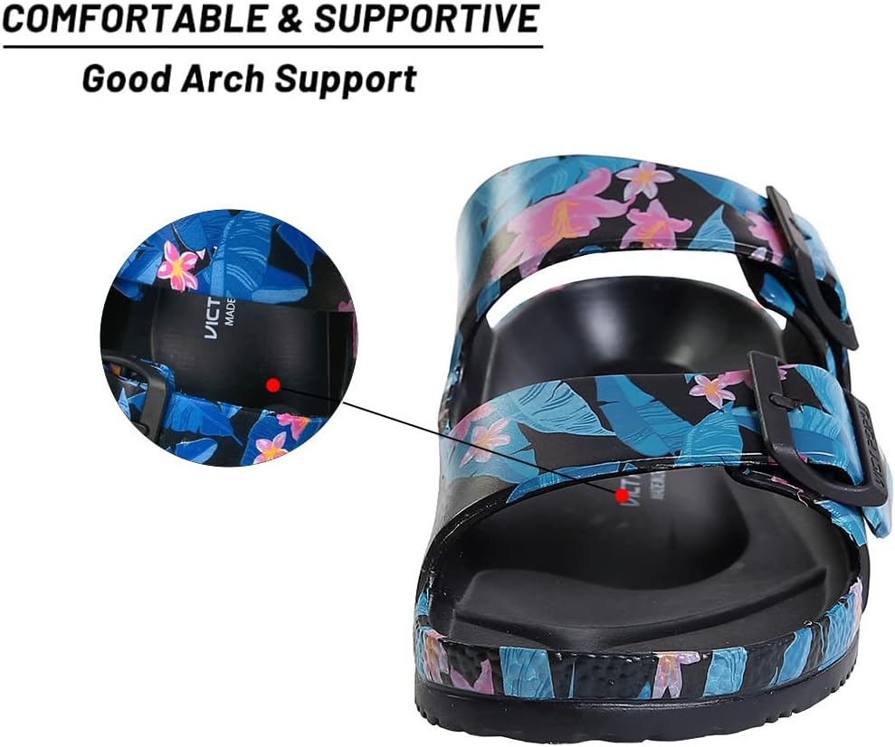 VICT POPU Womens Sandals Adjustable Double Buckle Strap Waterproof EVA Flat Slides 7 Flower Lake Blue image 2 of 5 B0B2WCZBPH