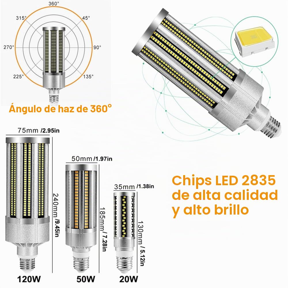 Bombilla LED tipo maíz de 120W,Lamparas de Techo E27/E39/E40 Superbrillante,3000K 14400 Lúmenes,Blanco Cálido,Equivalente a 800W Incandescente,para Almacén Taller Garaje,1 Paquete[Clase energética A+]