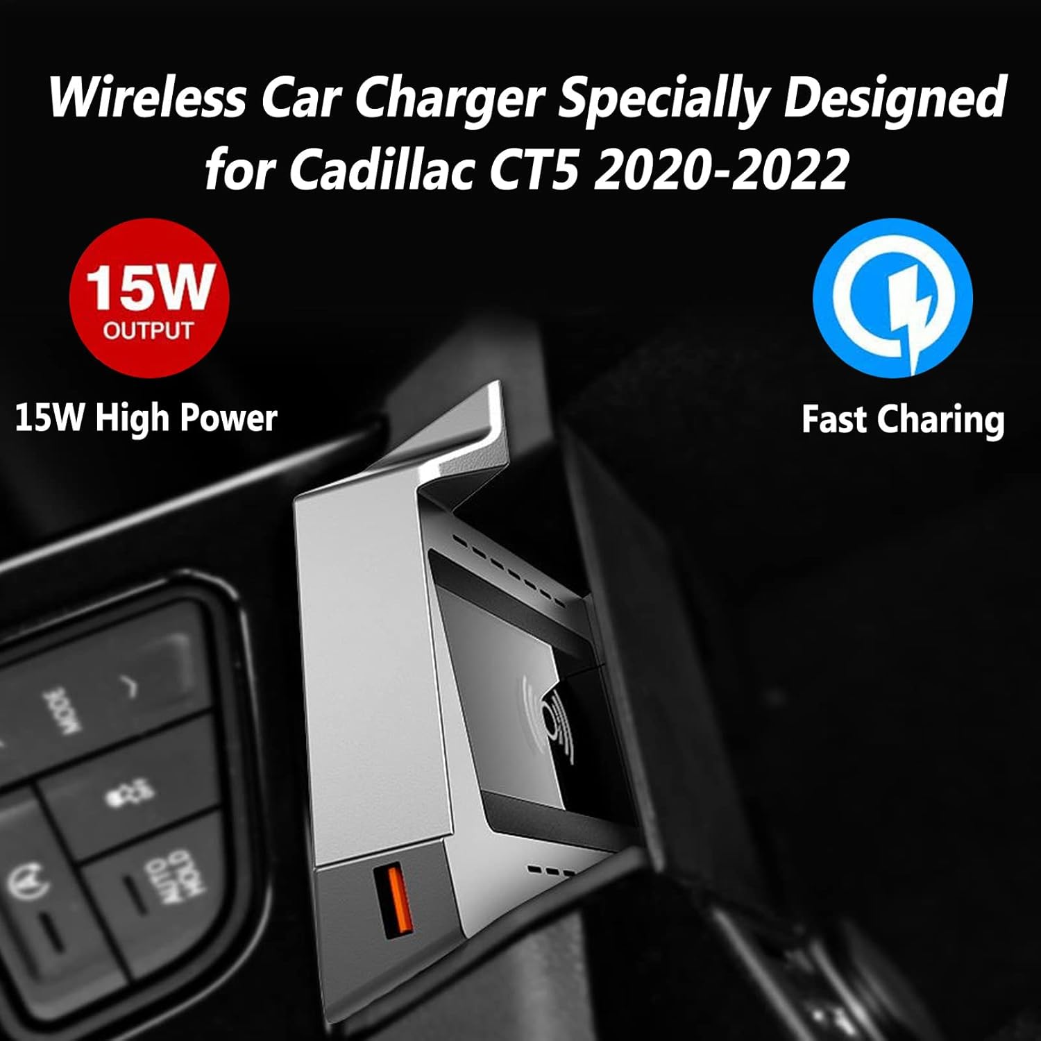 havk car wireless charger mount fit for cadillac ct5ct4 2020 2022 center console accessory paneloutput of 15w for iphone 131211xsx8 samsung s21
