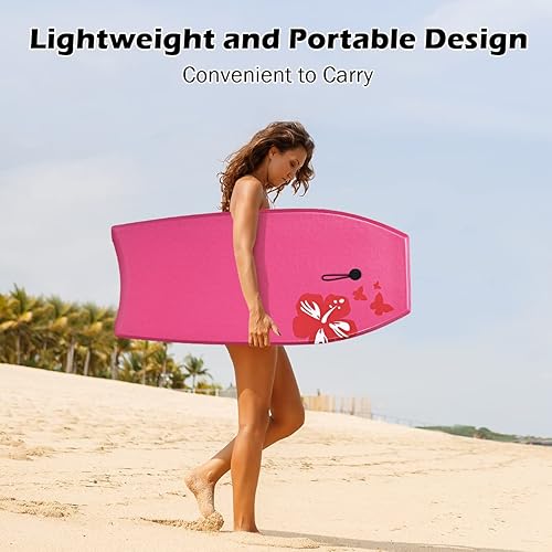 Vista 12 de GYMAX Tablas de cuerpo para playa, 33/37/41 pulgadas con núcleo de espuma EPS, cola creciente, doble canal y correa de muñeca, bodyboard ligero