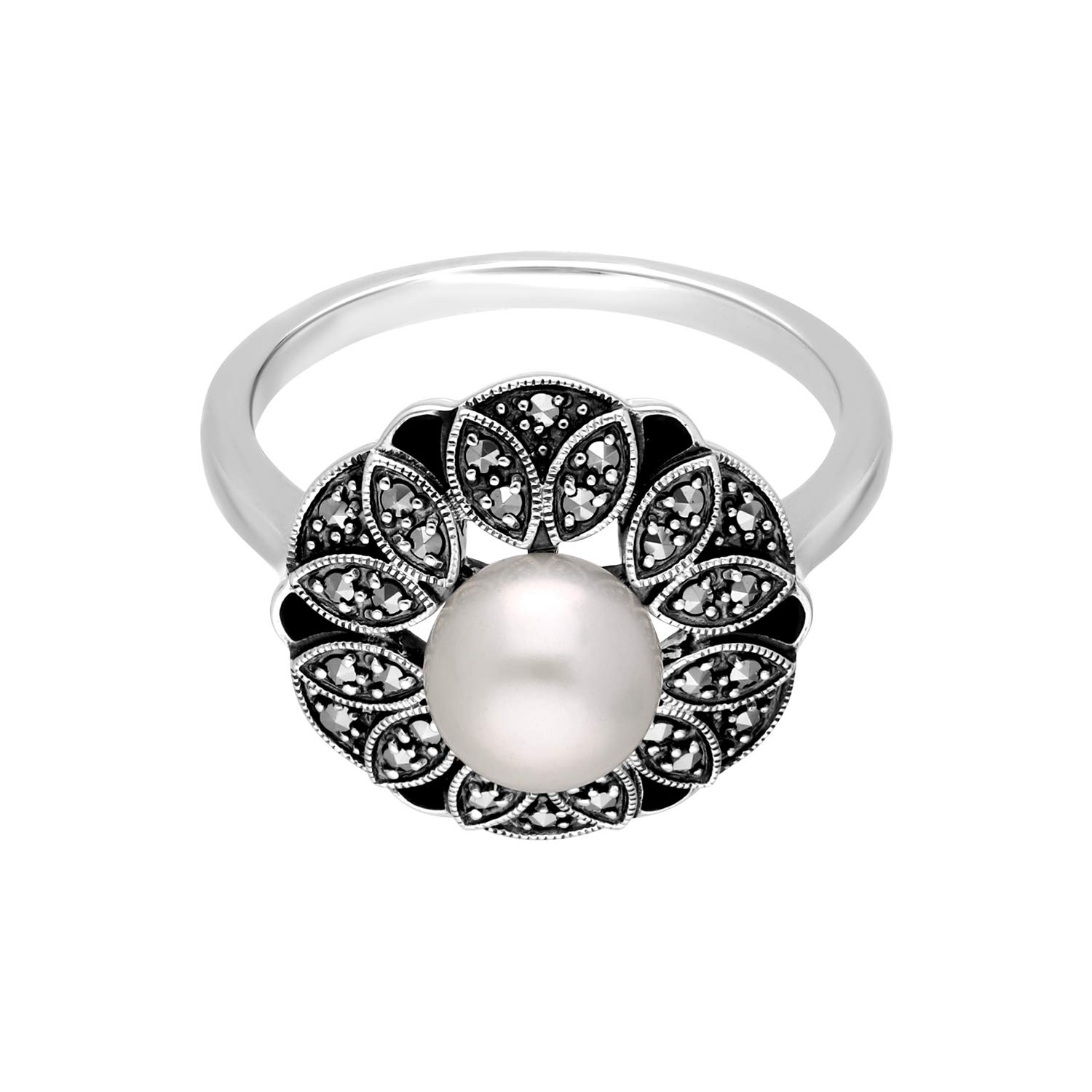 Gemondo USA Pearl, Marcasite, &amp; Black Enamel Floral Sterling Silver Ring