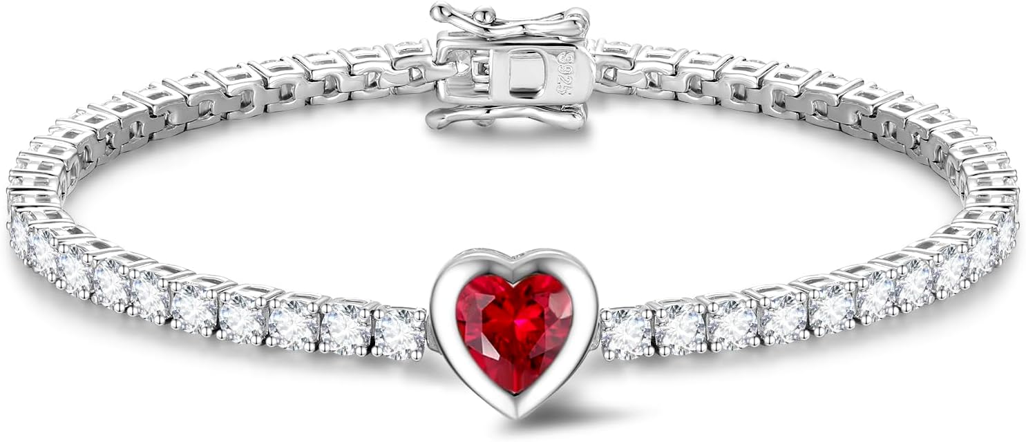 FANCIME 7mm Heart Birthstone Tennis Bracelet for Women Fine Jewelry Wedding Bridal Prom Birthday Gift for Women Her, Length 7 Inch