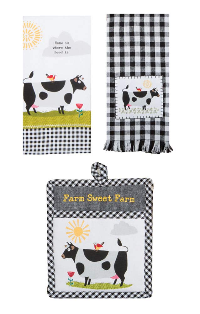 Just Jazzle Kay Dee Designs Farm Charm Farmhouse Cow Kitchen Towel and Oven Mitt Bundle, Set of 3