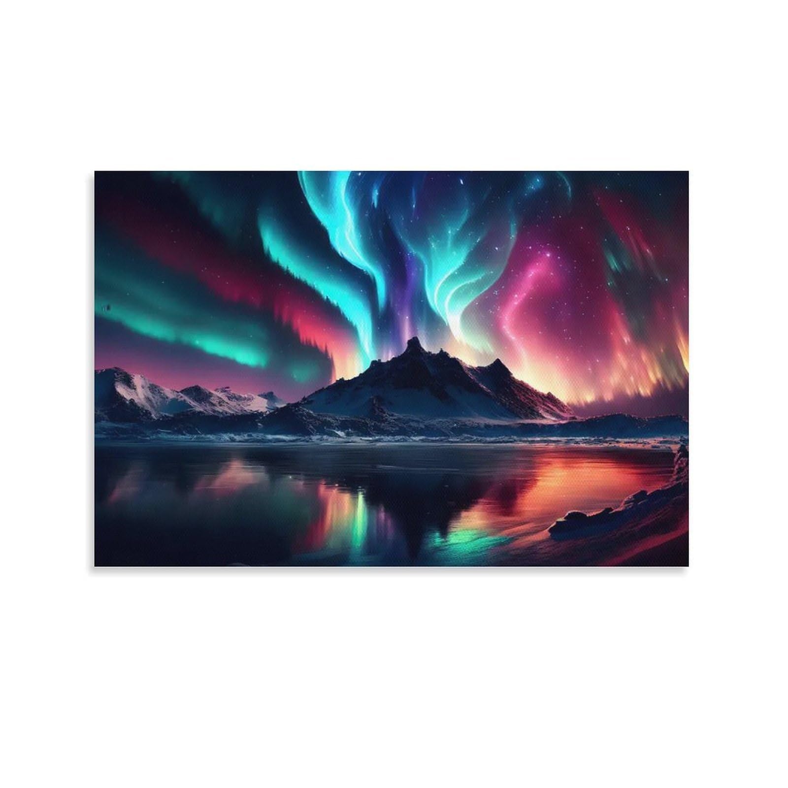 CPLVKWRQJ Bright Magical Colorful Individual Northern Lights Mountain Reflection Canvas Print - Office Wall Art Fade Resistant Statement Piece Ready to Hang 20x30inch(50x75cm)