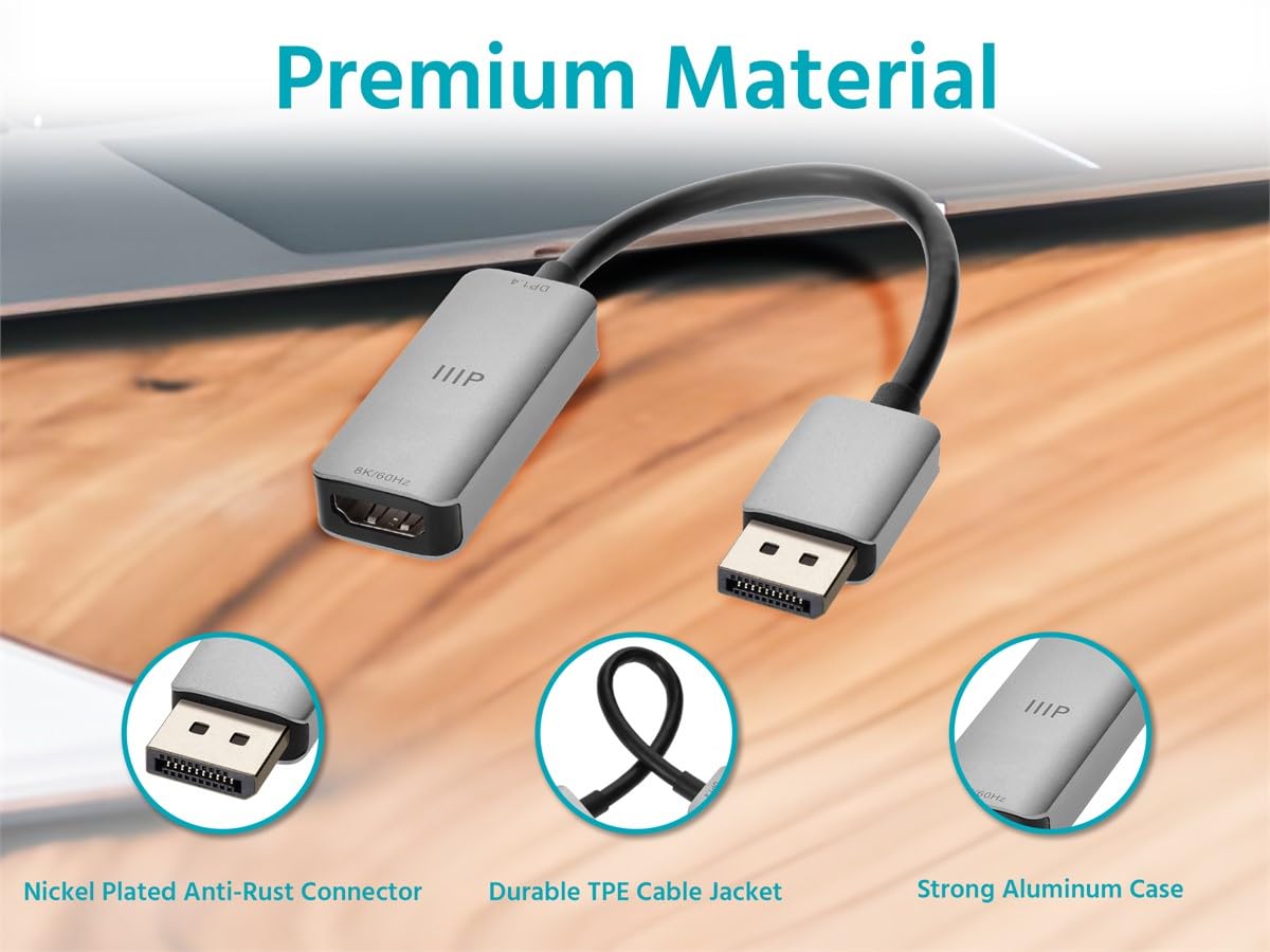 Monoprice Adaptateur DisplayPort 1.4 vers 8K60 HDMI Dynamic HDR10+ Châssis en aluminium