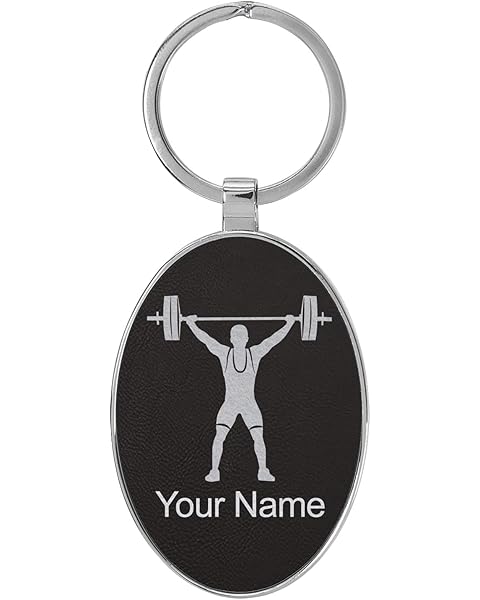 LaserGram Oval Keychain, Weightlifting Man, Personalized Engraving Included (Metal Frame)