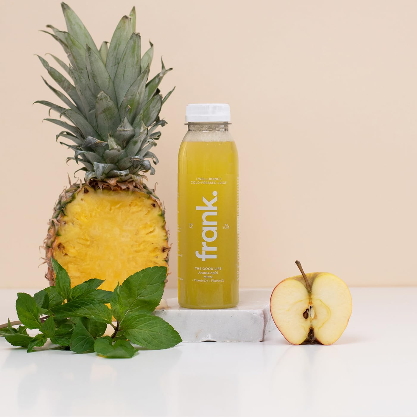 FRANK JUICE THE GOOD LIFE – kaltgepresster veganer Saft | 12 x 330 ml | Aus Fruchtsäfte & Gemüsesäfte mit Ananas, Apfel und Minze, inkl. EINWEG-PFAND 3€