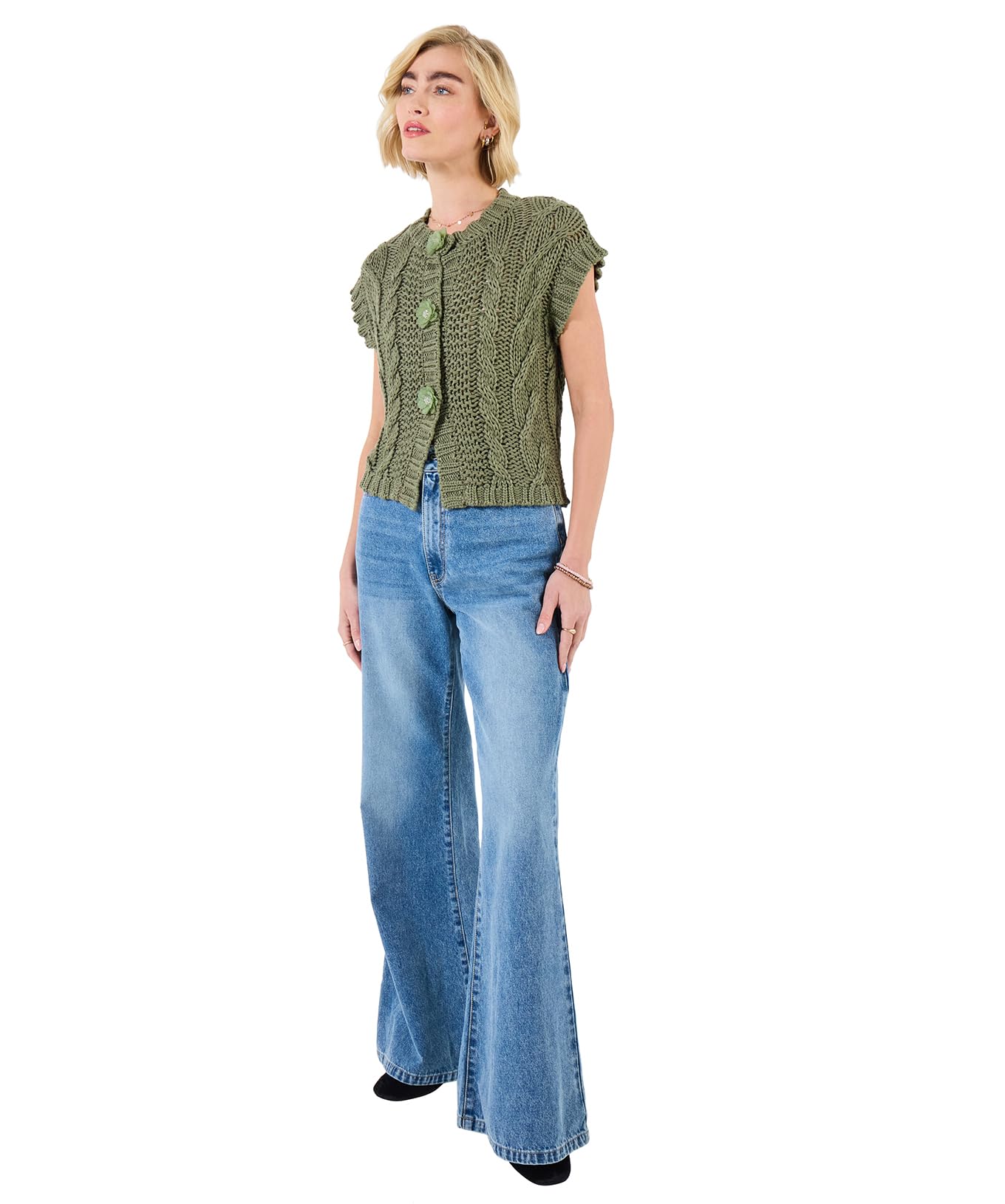 Louisa Sleeveless Cable Knit Cardigan Size 22 Khaki   Women's