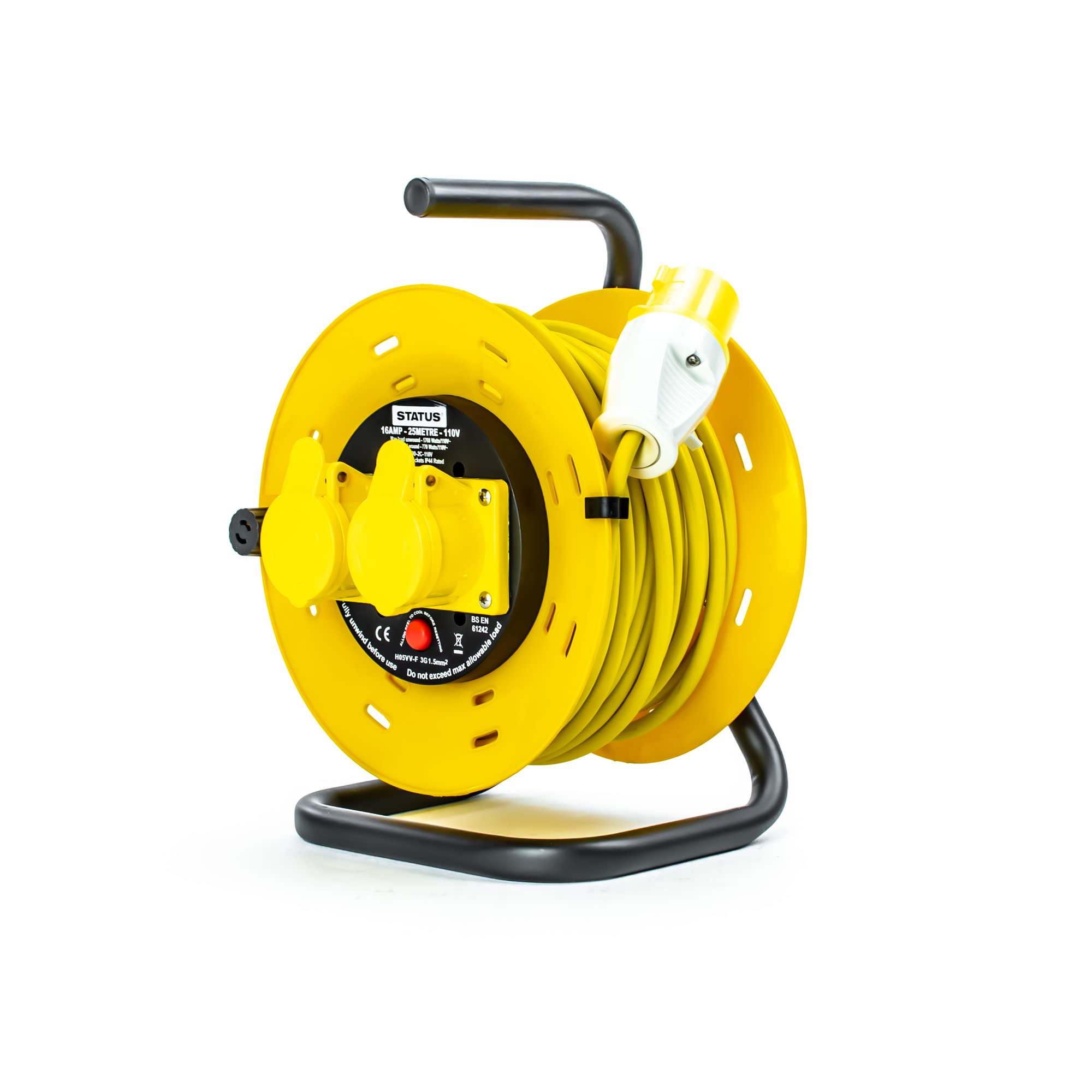 STATUS 2 Socket Cable Reel | 25m Yellow Extension Lead | 16A 110V with Thermal Cut Out | Heavy Duty Outdoor Extension Lead | S25M-110VOLT-CR1