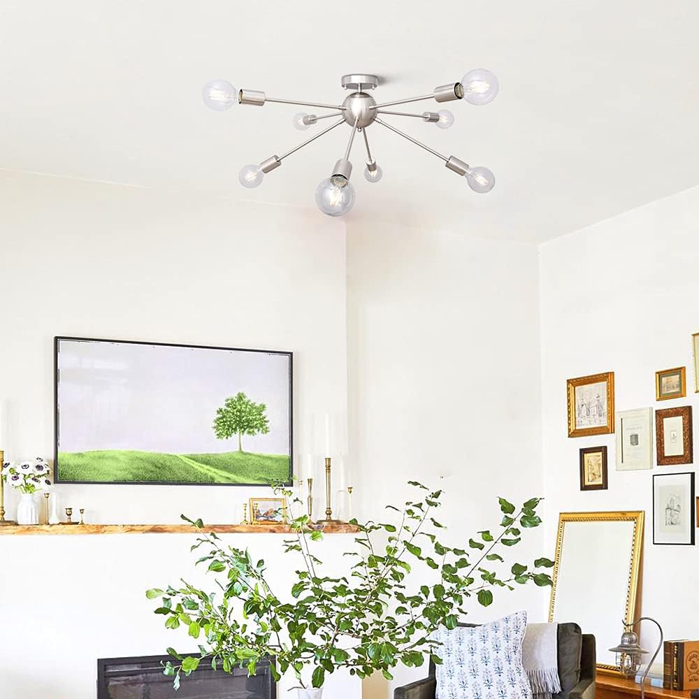 Nickel 8-Light Geometric Sputnik Semi Flush Mount Chandelier