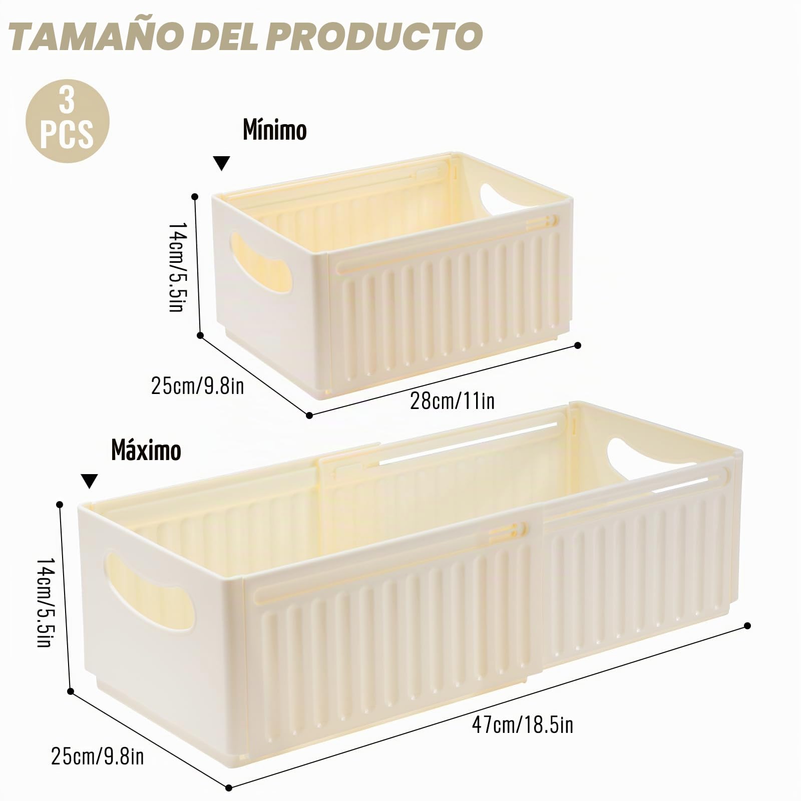 Caja De Almacenamiento Para Hogar Cajas Organizadoras De Plastico Sin Tapa Con Asa Organizador De Nevera Cajas Plegables De Almacenamiento Para Baño Cocina Armario Oficina 3 Piezas (47.5*28*25cm)