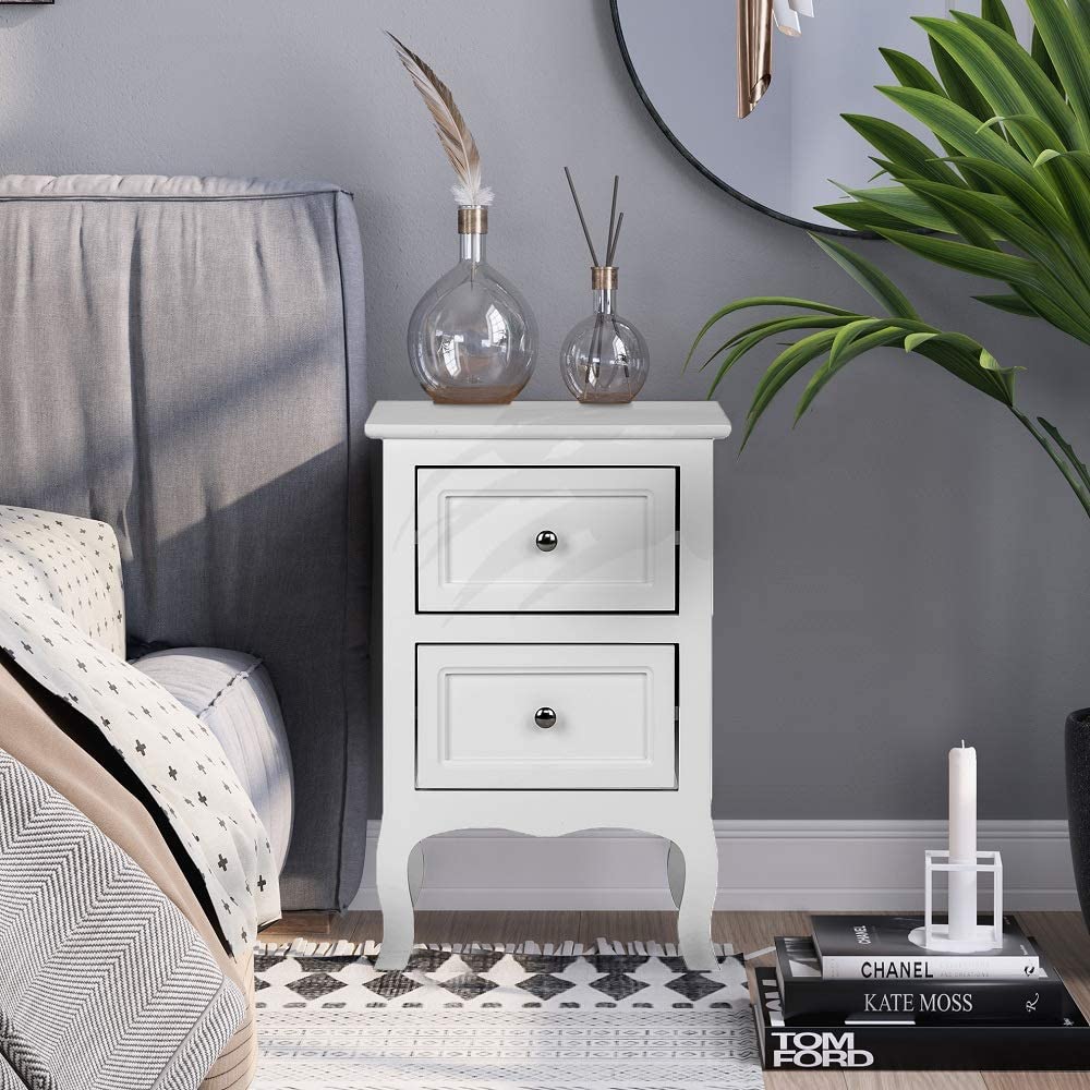 Bonnlo White Bedside Table Cabinet, Small Chest of 2 Drawers, Wooden Night Stand for Bedroom Living Room, 40 x 30 x 60 cm