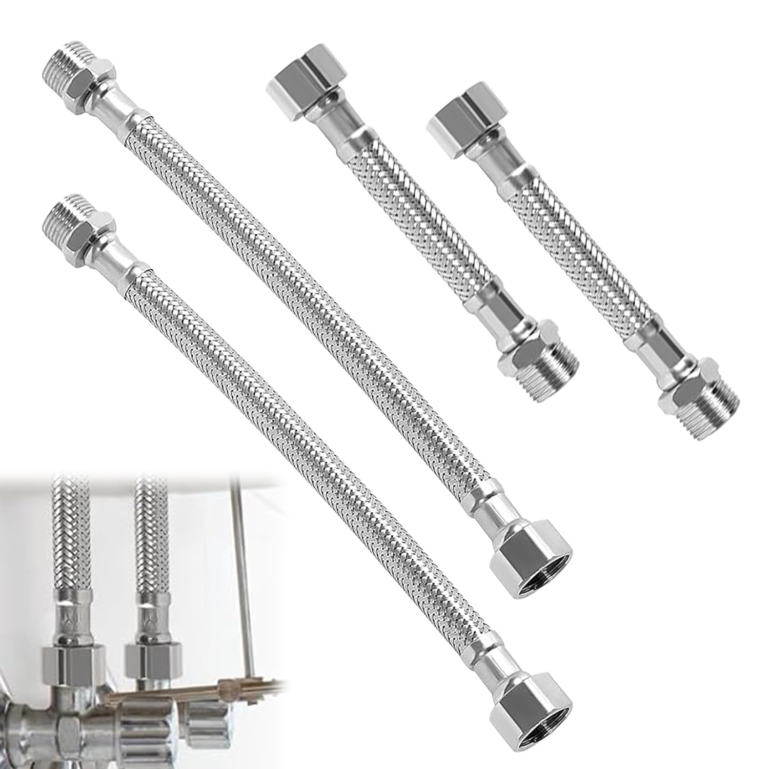 Set 4 Pezzi Tubo Flessibile Acciaio Inox,304,G3/8 (2x20cm + 2x10cm) per Cucina Bagno Giardino - Multiuso Rubinetto Lavatrice Miscelatore Collegamento Idrico