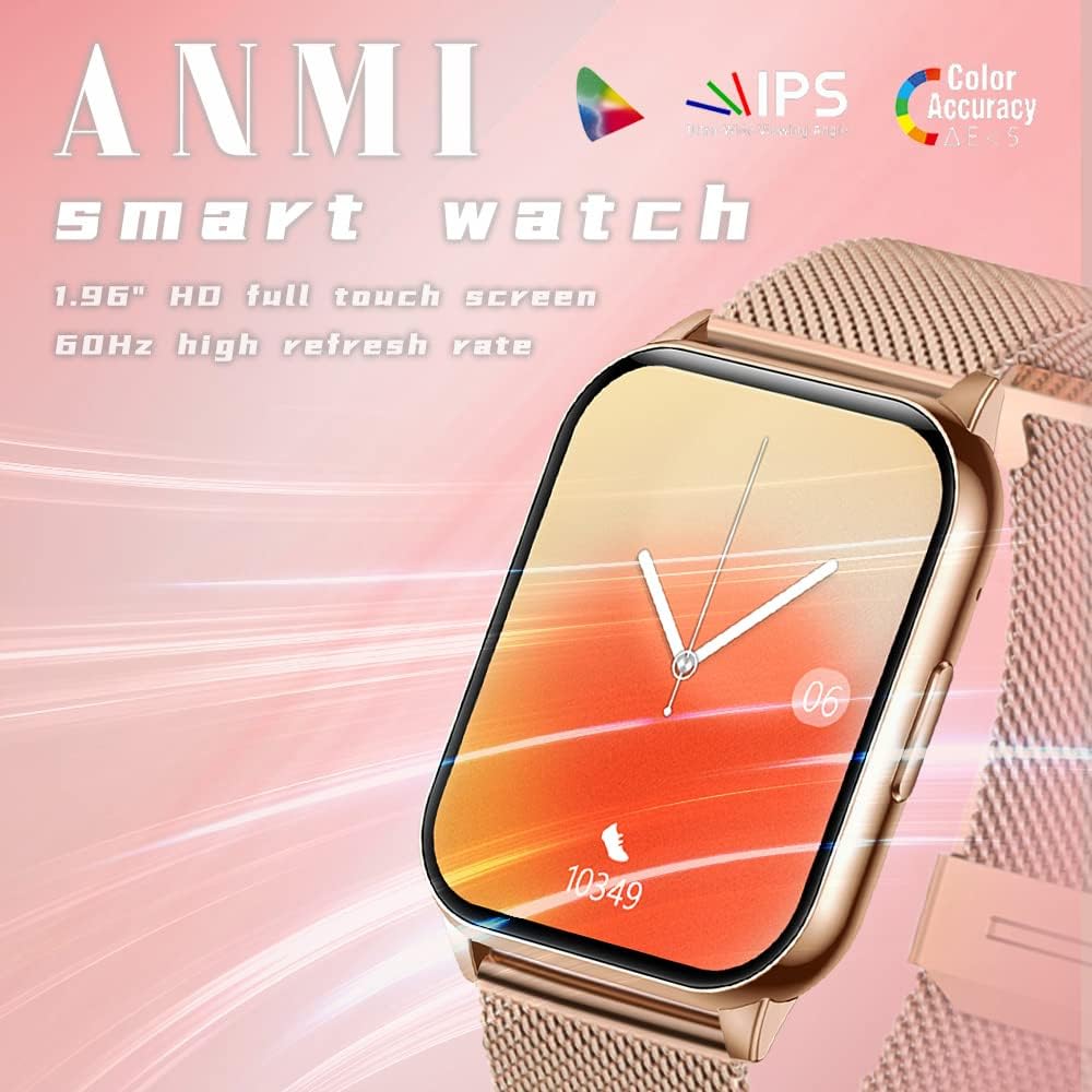 ANMI Smartwatch Donna Chiamate e Assistente Vocale, 1.96all Orologio Smartwatch Donna, 80+ Sport Fitness Contapassi Cardiofrequenzimetro Pressione Sanguigna SpO2, Monitoraggio del Sonno, Android iOS ANMI Smartwatch Donna Chiamate e Assistente Vocale, 1.96all Orologio Smartwatch Donna, 80+ Sport Fitness Contapassi Cardiofrequenzimetro Pressione Sanguigna SpO2, Monitoraggio del Sonno, Android iOS