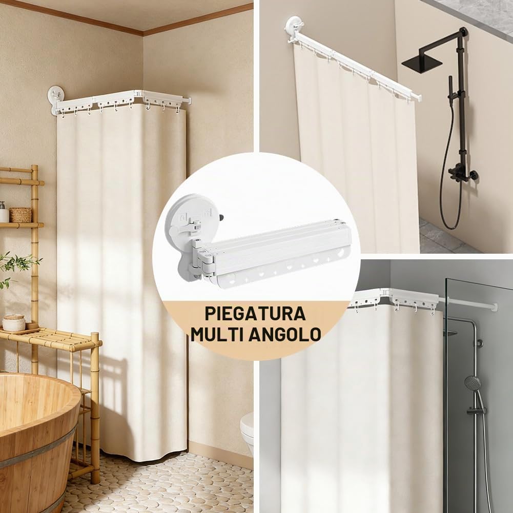 Asta per tenda doccia con ventose, multi-angoli, tripla, 70-104 cm, asta per tenda doccia, senza forare, asta telescopica, tenda per finestre, divisorio e cucina