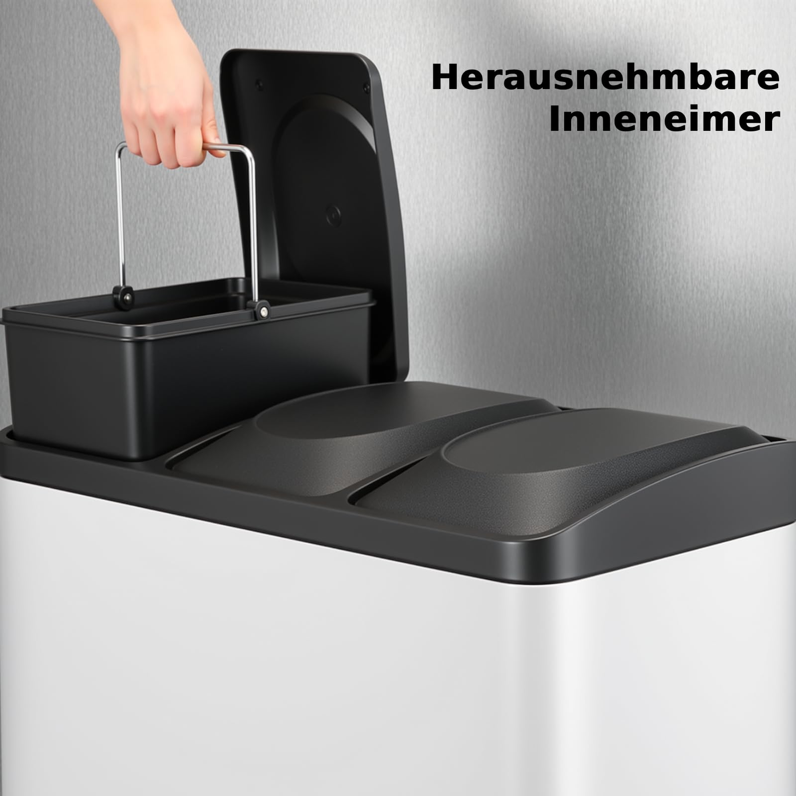 Clevich Mülleimer 3 Fächer, 3 x 15 L Mülltrennsystem mit Deckel, 45 Liters Edelstahl Treteimer, Abnehmbare Inneneimer mit Tragegriff, Abfalleimer für Küche, Büro (Weiß, 3 x 15 L)